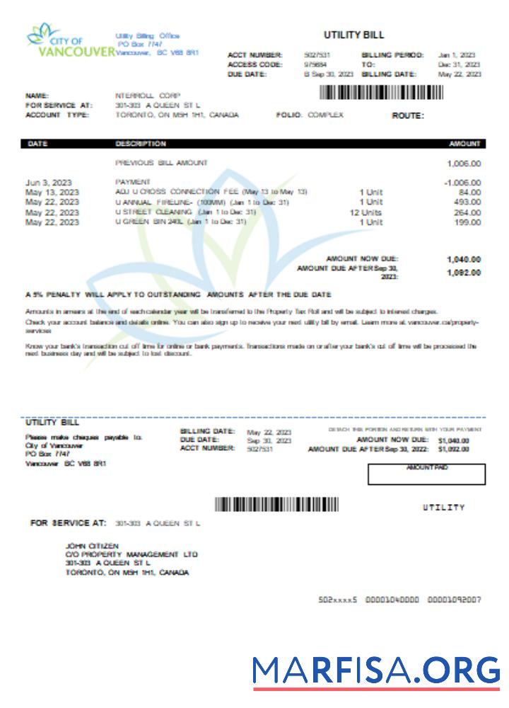 Downloadable City of Vancouver utility business bill, SCR download for verification